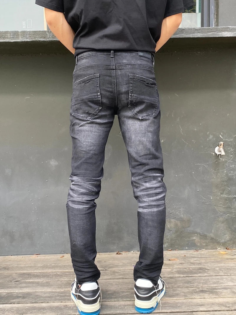 knee hole patckwork skinny denim jeans men slim biker trousers jeans fashion streetwear hip hop retro washed jean pants joggers streetwear sweatpants