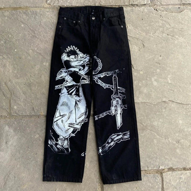 harajuku popular anime kokushibo print baggy jeans new style wide leg trouser y2k streetwear for men women high waist pants unique jeans style 4299
