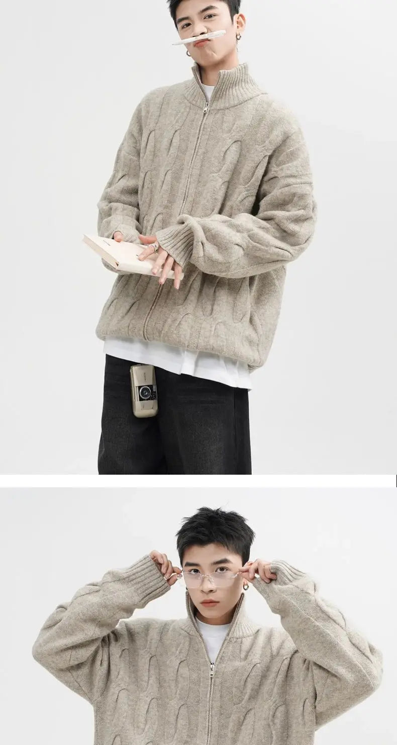 Autumn and Winter American New Style Men and Women Trendy Personalized Stand up Collar Knitted Shirt Couple Loose Retro Simple