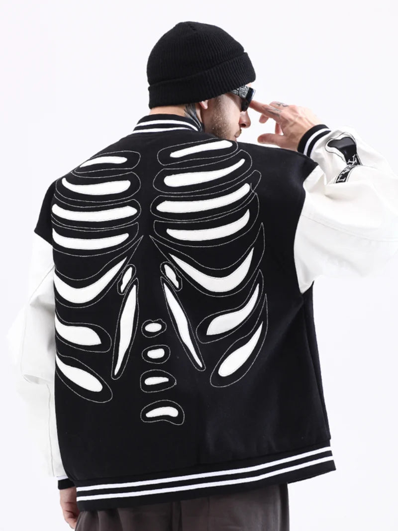 mens streetwear jacket bone skeleton baseball bomber retro coat hip hop harajuku loose oversized unisex black fashion photo s - variant style bc28b0 for streetwear fashion