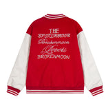 Bold Graphic Varsity Coat with Leather Sleeves – Retro Style