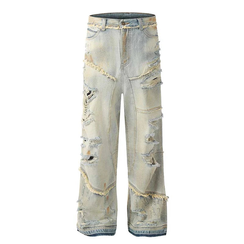 mens fashion ripped jeans blue straight baggy jeans trousers luxury loose casual distressed denim pants male ripped baggy denim
