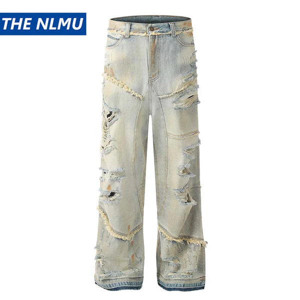 mens fashion ripped jeans blue straight baggy jeans trousers luxury loose casual distressed denim pants male ripped baggy denim