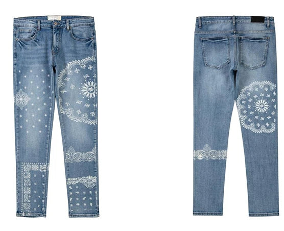 mens high street paisley print denim jeans casual hip hop distressed jeans slim fit skinny denim pants joggers streetwear men unique joggers style 1223