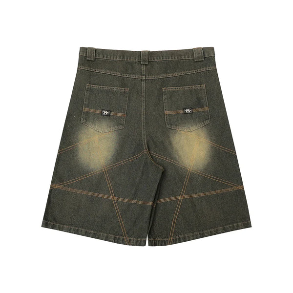 color match pocket washed baggy jeans shorts for men and women wide leg streetwear casual over knee length denim pants denim street jeans