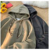 Embossed Letters Casual Hooded Sweatshirt Basic Colours Drawstring Cla