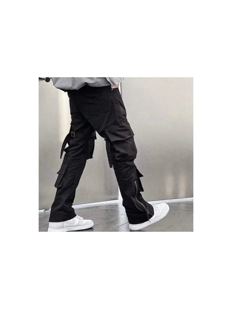high street multi pockets tooling pants men army green cargo pants hip hop mopping trousers with band utility cargo pants