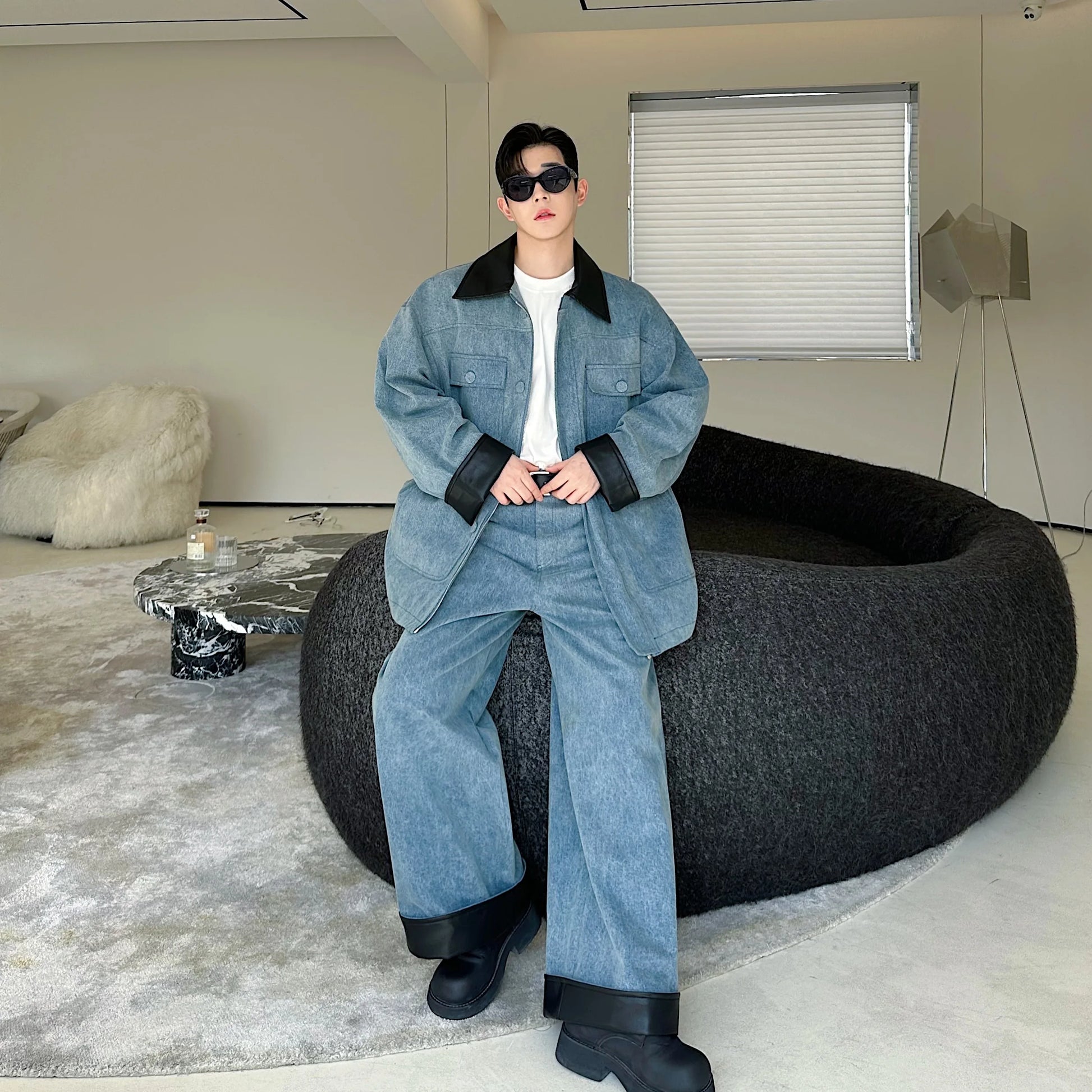 fashion show suits men streetwear washed denim splice loose casual jacket wide leg jeans pants 2 piece sets coat trousers suits unique jeans style 2742