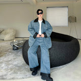 fashion show suits men streetwear washed denim splice loose casual jacket wide leg jeans pants 2 piece sets coat trousers suits unique jeans style 2742