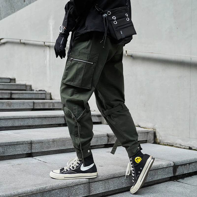 hip hop loose fit elastic waist cargo pants side big pocket ankle pants with belt mens drewstring military sweatpants joggers streetwear sweatpants
