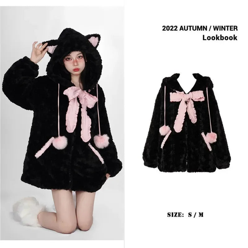 Harajuku Little Wildcat Hoodies Women Bodysuit Black Tie Bowknot Cute