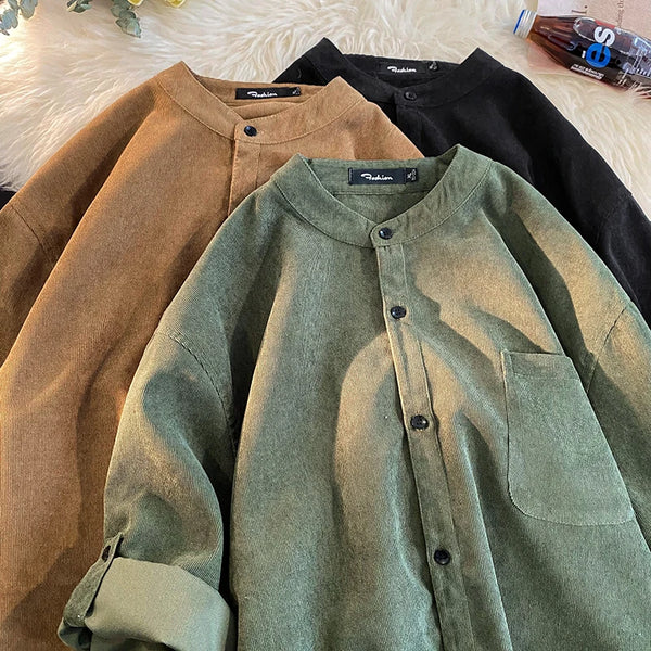 Men's Cardigan Japanese Style Solid Color Short Sleeve Shirts Turn-down Collar Casual Loose Blouses Spring Summer Male Clothing