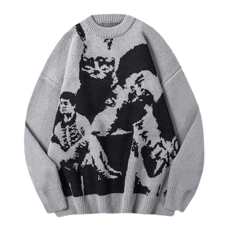 hip hop punk knitted oversized sweater mens autumn winter o neck long sleeve pullover streetwear unisex loose sweaters clothing - vintage look oversized hoodie, gothic aesthetic hoodie for winter, graphic printed hoodie for men and women