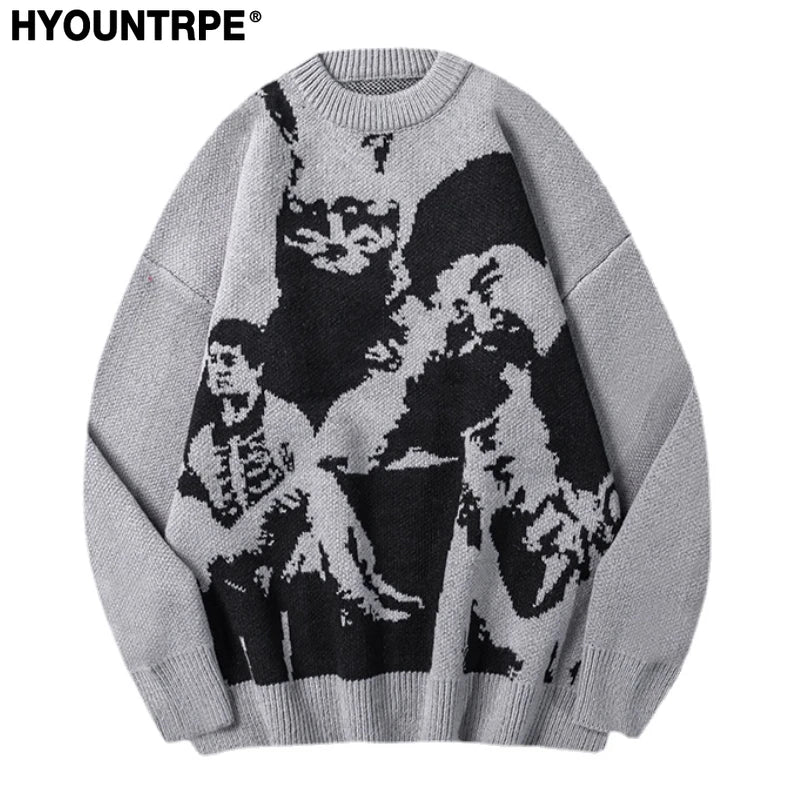 hip hop punk knitted oversized sweater mens autumn winter o neck long sleeve pullover streetwear unisex loose sweaters clothing - vintage look oversized hoodie, gothic aesthetic hoodie for winter, graphic printed hoodie for men and women