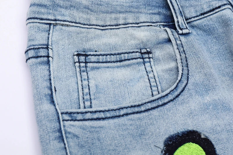 skull embroidery patchwork ripped denim jean pants fashion biker straight trousers streetwear hip hop joggers pant men clothing unique joggers style 2386