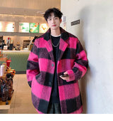 Plaid Woolen Trenchcoat Men Autumn Winter Fashion Retro Streetwear Suit Collar Loose Casual Trendy Trench Coat Outerwear