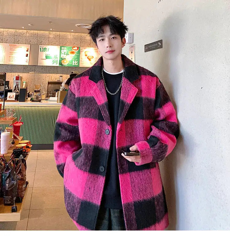 Plaid Woolen Trenchcoat Men Autumn Winter Fashion Retro Streetwear Suit Collar Loose Casual Trendy Trench Coat Outerwear