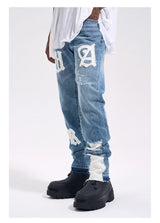 Frog drift Fashion Streetwear High Street REMAKE y2k Straight Stickers Blue Denim Jeans Trousers for men homme