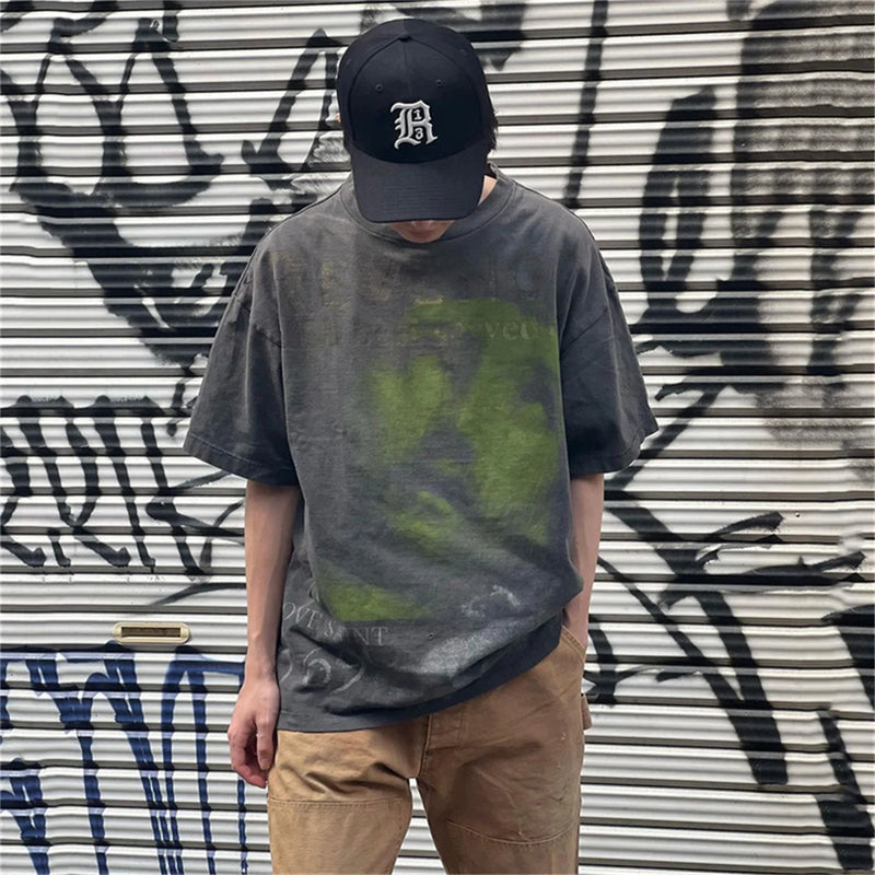 sadcore graphic tee featuring 24ss summer retro vintage portrait quality printing high street distressed t shirt tops