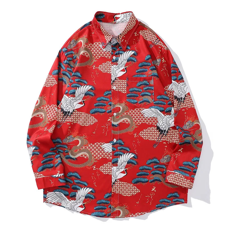 Japanese Style Men White Crane Graphic Wabi Sabi Print Long Sleeve Shirt