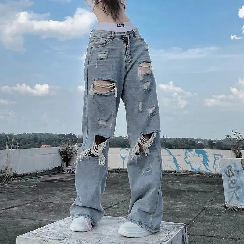 streetwear straight pants ladies ripped jeans mid waist loose wide leg pants ladies jeans y2k summer high street cargo pants unique cargo style 2728
