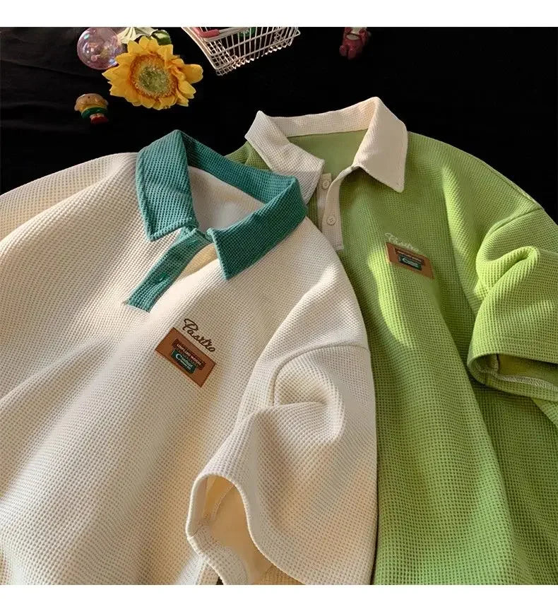 Hip Hop American Street Men and Women Trendy Personality Polo Shirt Short sleeved Summer Waffle Vintage Casual