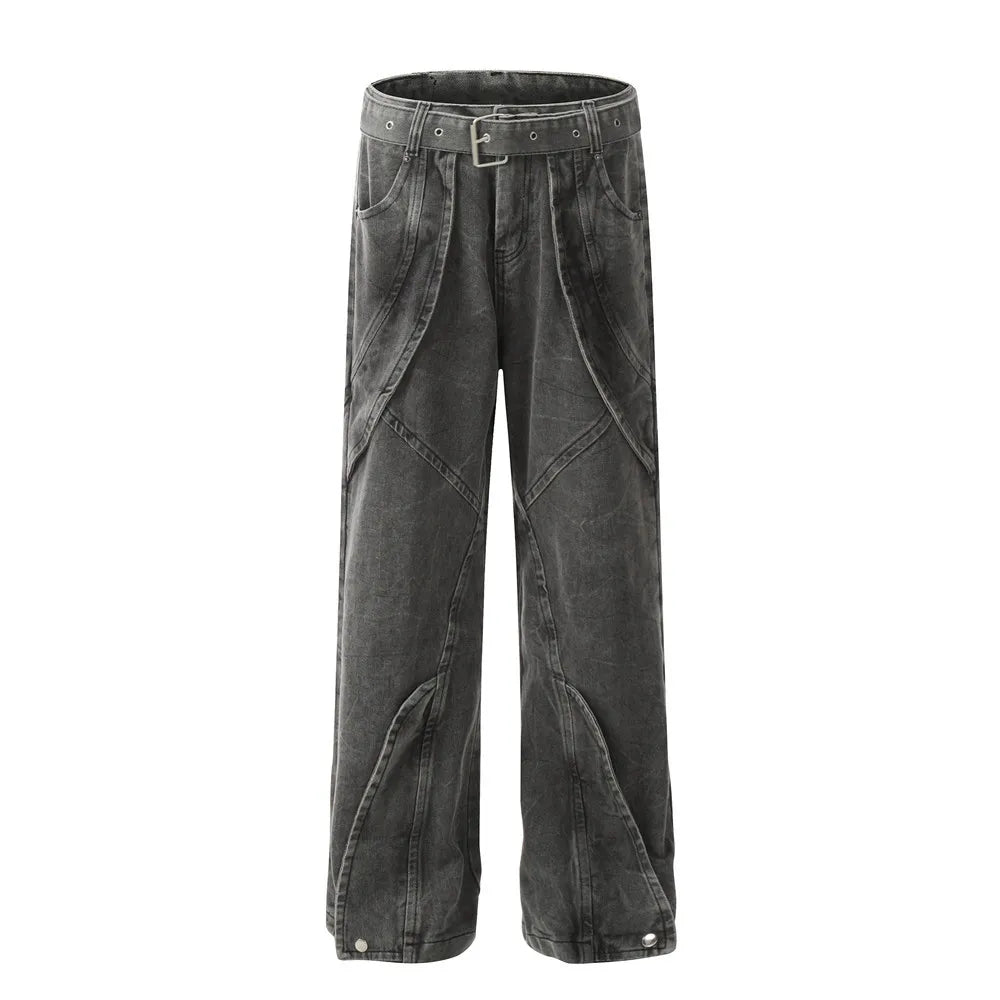 american high street vibe fashion splice jeans mens belt loose casual vintage wide leg straight denim baggy jeans pants trouser unique jeans style 1464