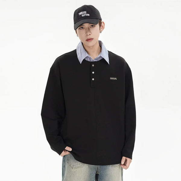 Anime Barcode glitch – Splice Stripe Collar Polo Shirts Men Streetwear Fashion Hip