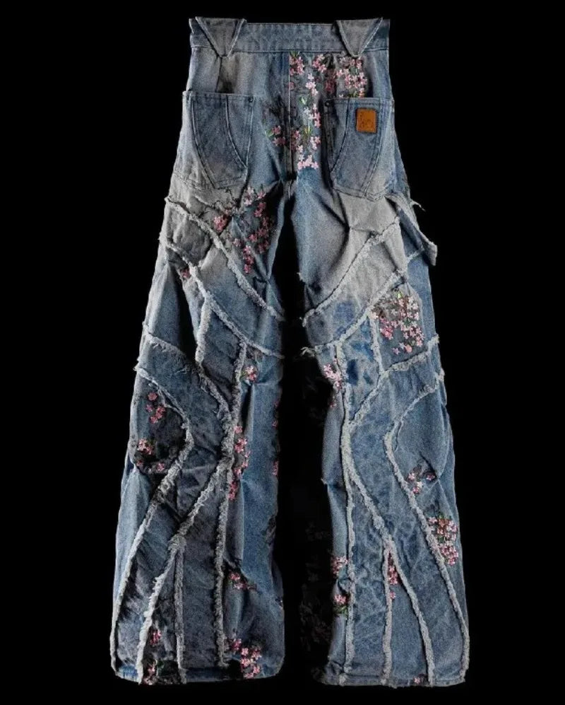 blue jeans for women y2k harajuku hip hop sakura embroidery retro patch heavy baggy jeans high waist wide leg trouser streetwear unique jeans style 818