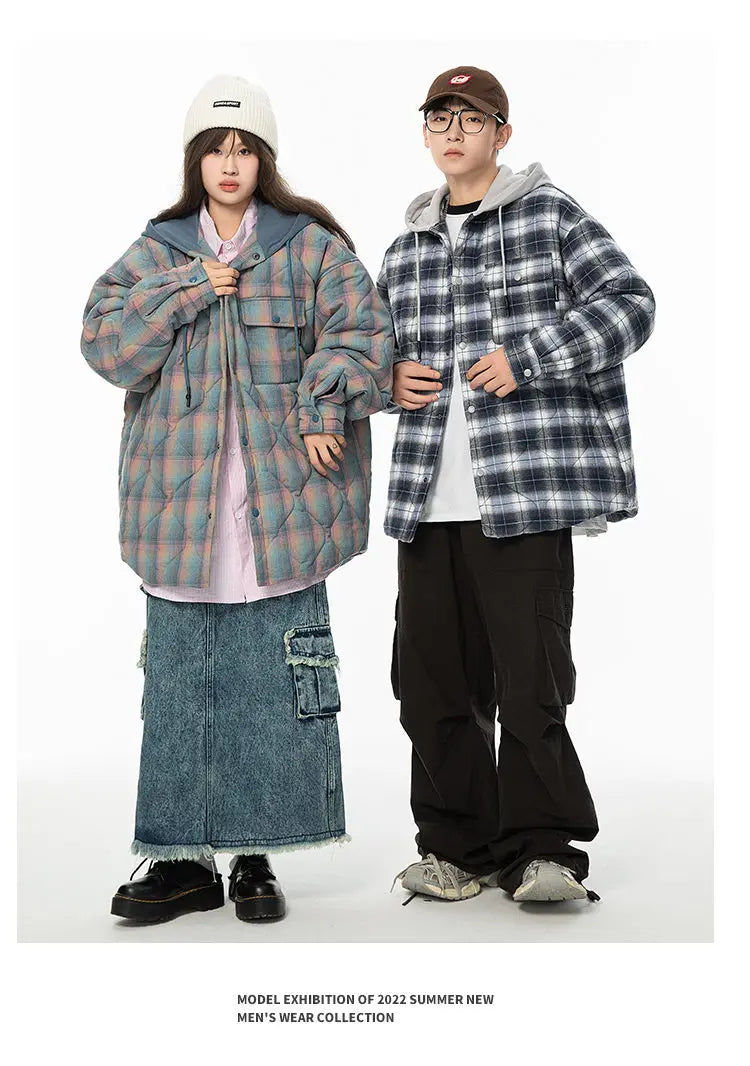 Winter Quilted Thick Plaid Hooded Jacket Men Wmen Streetwear Fashion Oversize Loose Casual Hoody Jacket Padded-cotton Parka Coat