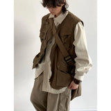 japanese street mens 3 piece set multi pocket camping vest solid cargo shirt side pockets casual pants suit couple trend set unique cargo style 4623