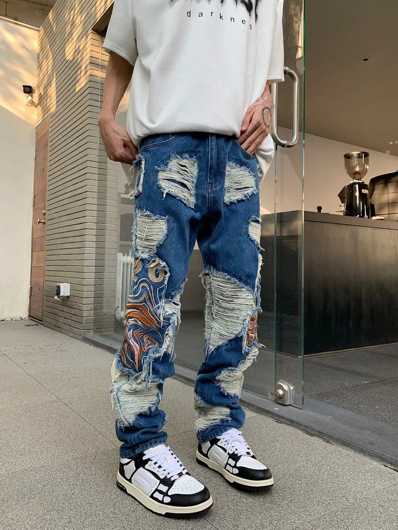 fashion embroidery destroyed ripped tassel holes denim jean pants mens casual loose straight jeans hip hop streetwear joggers unique joggers style 4347