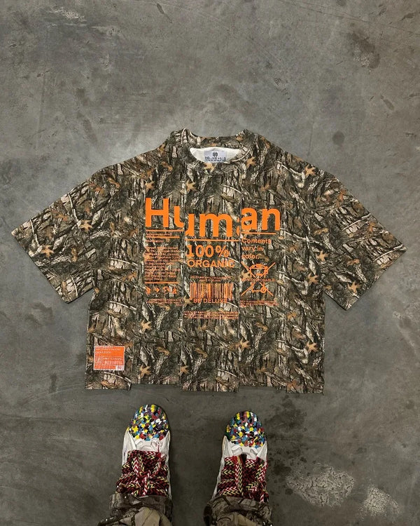 2024 New leaf decoration style alphabet print short sleeve men Y2k round neck irregular top Harajuku punk retro style shirt