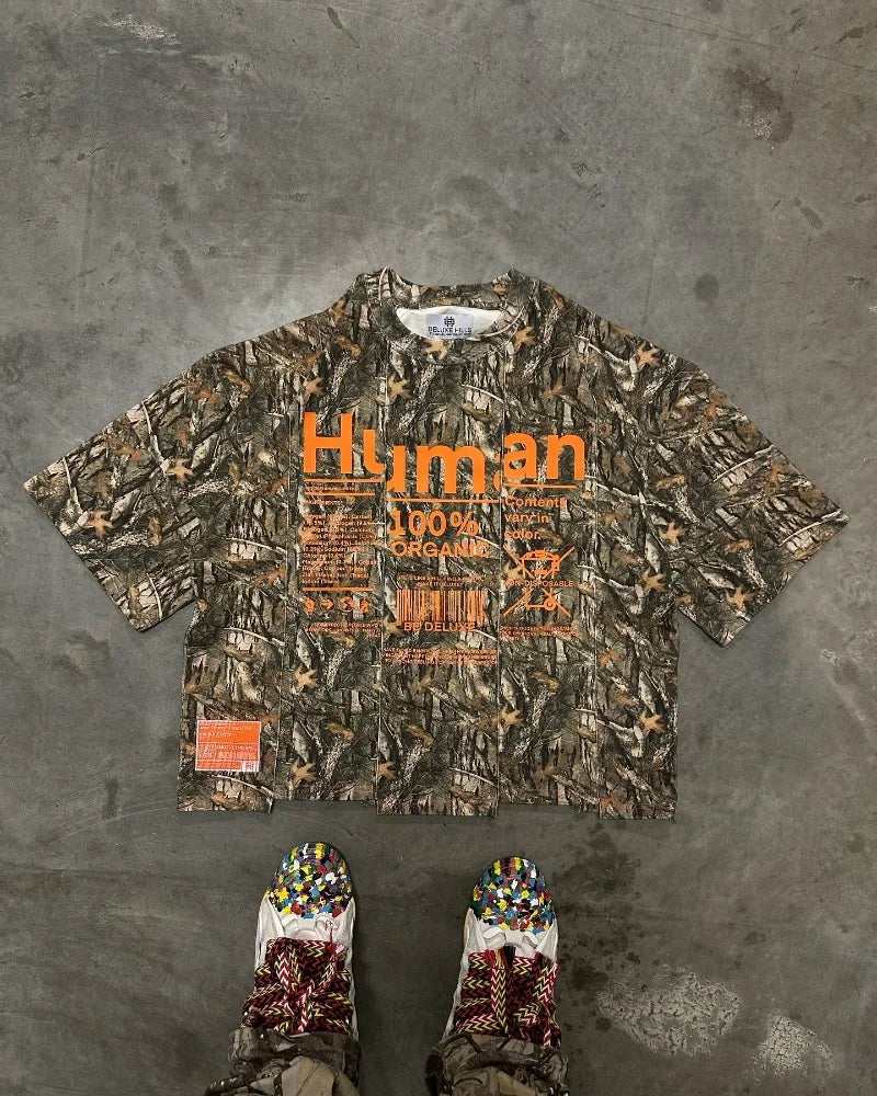 2024 New leaf decoration style alphabet print short sleeve men Y2k round neck irregular top Harajuku punk retro style shirt