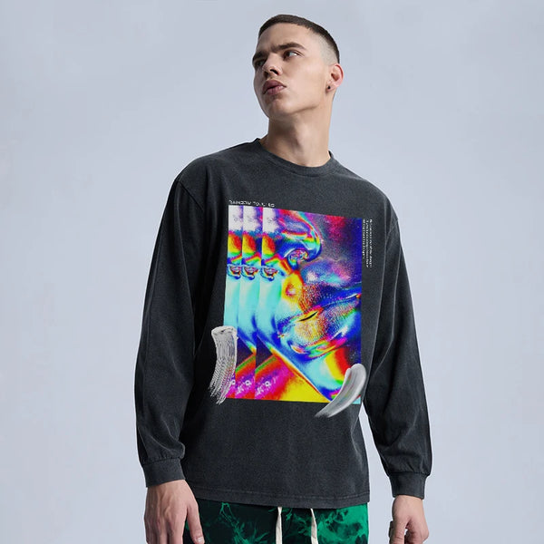 Harajuku Streetwear – Rainbowtouches Washed T Shirt Long Sleeve Vintage Colorful P – Edgy Streetwear for All Genders
