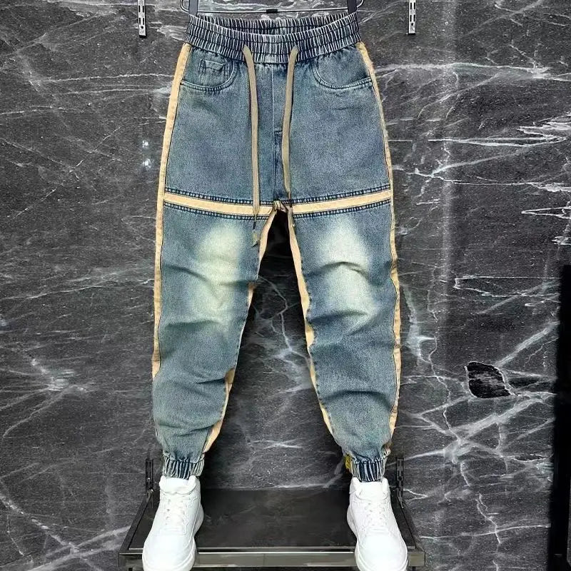 2024 new harem pants spliced cut bound feet jeans hip hop streetwear brand men clothing washed blue denim pants for men ripped baggy denim