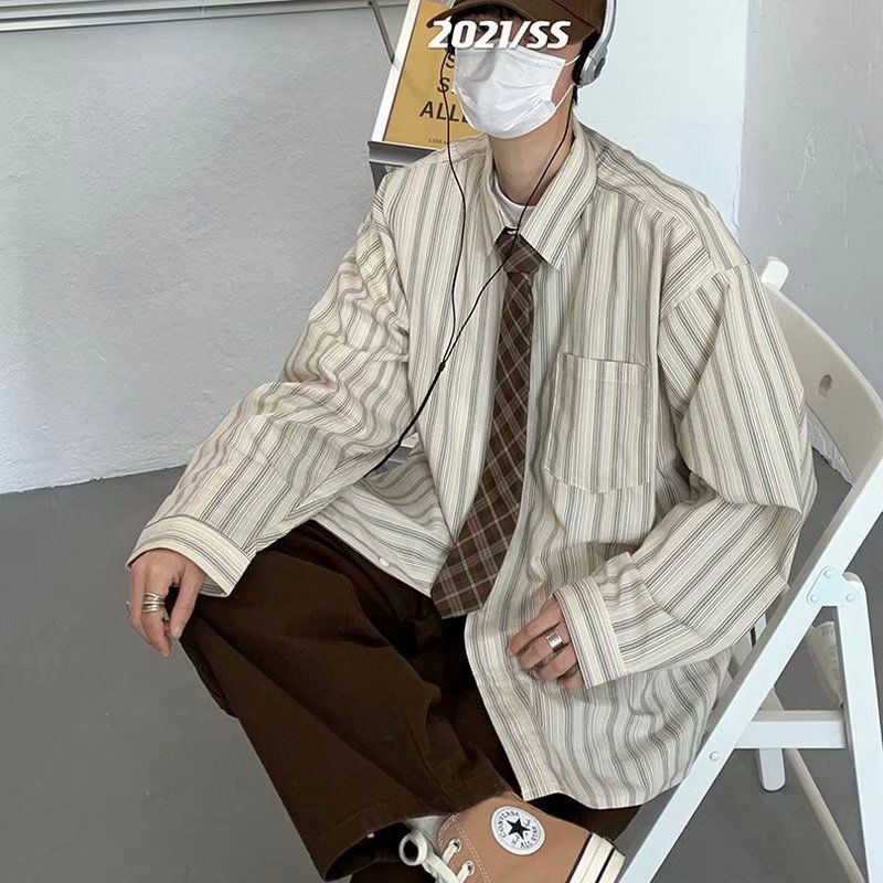 2023 Summer New Fashion Striped Shirt Men's Long-sleeved Korean Version Loose Shirt Versatile Casual Jacket Boutique Clothing