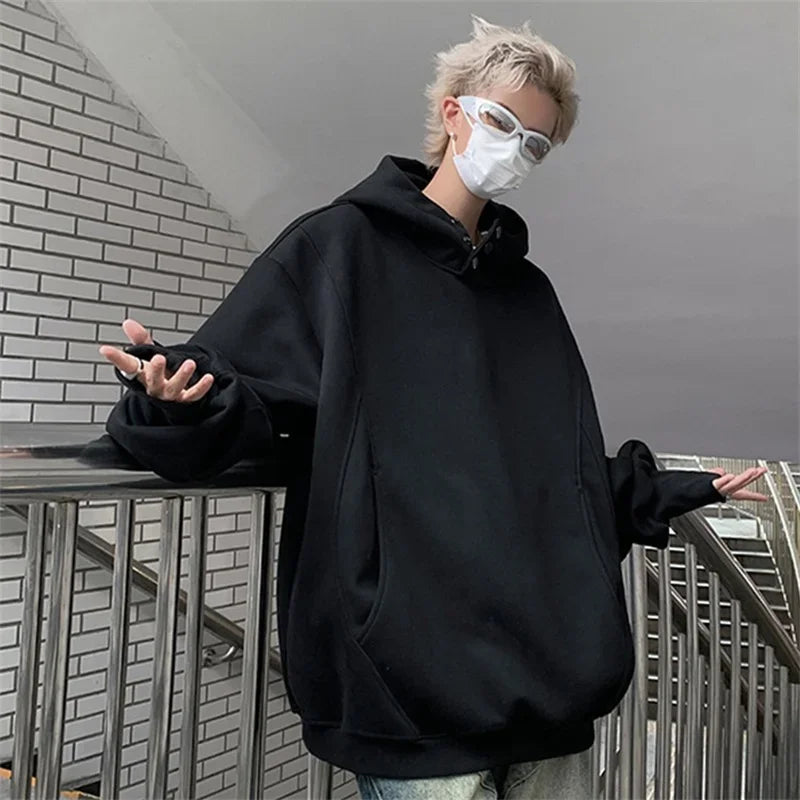 New Retro Button Neck Hooded Sweatshirts For Men Autumn Fleece Y2K Vintage Hoodies Hip Hop Fashion Streetwear Pullover Hoodie