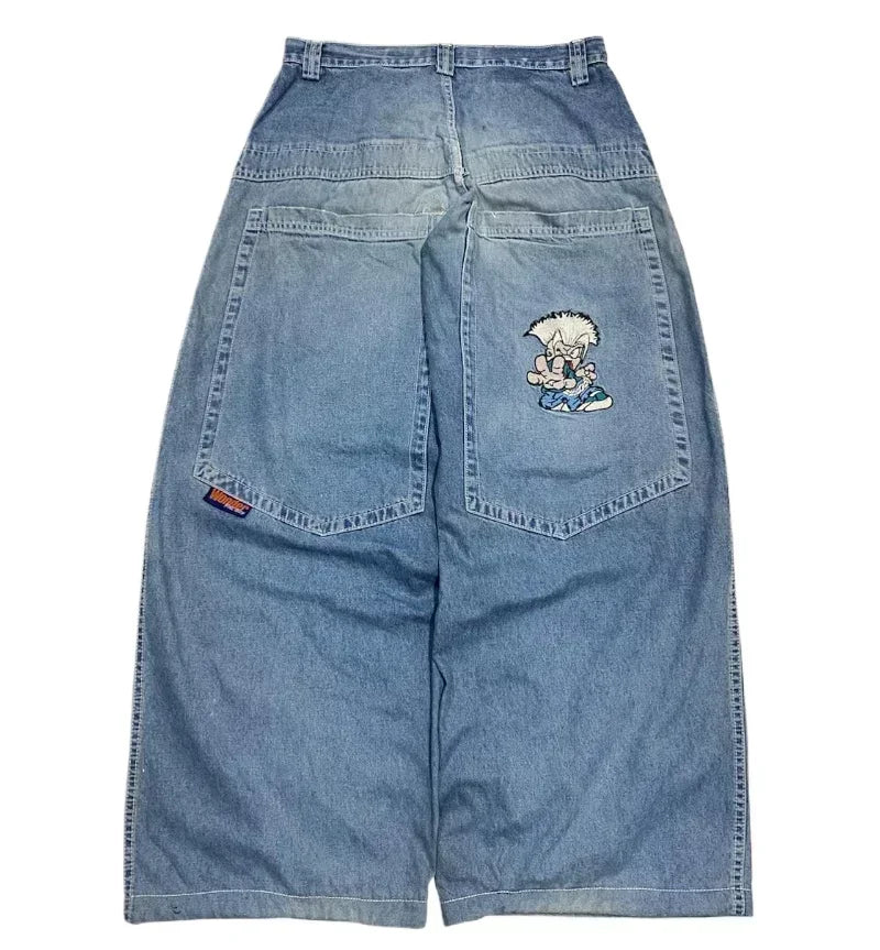 american y2k new fashion pattern embroidered spot straight jeans men street hip hop retro loose wide leg pants couple punk jeans unique jeans style 2927