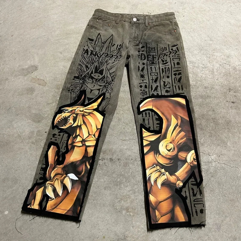 harajuku high street y2k baggy jeans punk popular print wide leg denim pants jeans streetwear trouser men clothing unique jeans style 2152