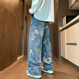 american high street floral printed jeans for men 2024 new y2k vintage denim trousers hip hop fashion wide leg baggy jean pants denim street jeans