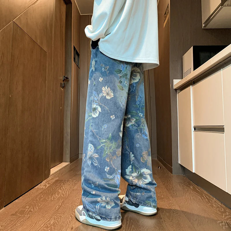 american high street floral printed jeans for men 2024 new y2k vintage denim trousers hip hop fashion wide leg baggy jean pants denim street jeans