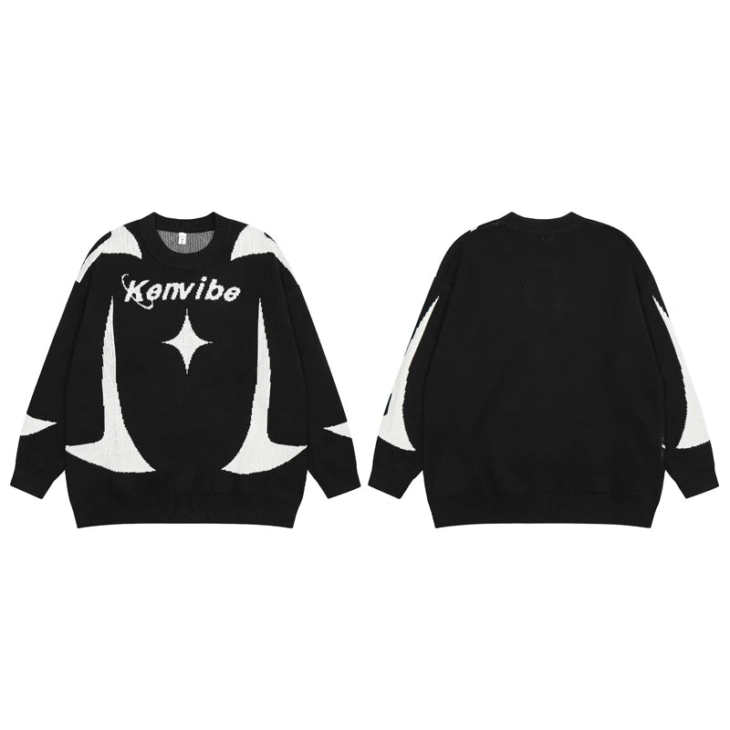 mens streetwear sweater hip hop letter geometry knitted sweater pullover new casual autumn o neck cotton sweater unisex jumpers - vintage look oversized hoodie, Y2K grunge street style, gothic aesthetic hoodie for winter