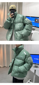 Winter Jacket Men Parkas Thicken Warm Coat Stand Collar Oversize Parkas Bright Leather Fabric Jacket Korean Style Padded Coat
