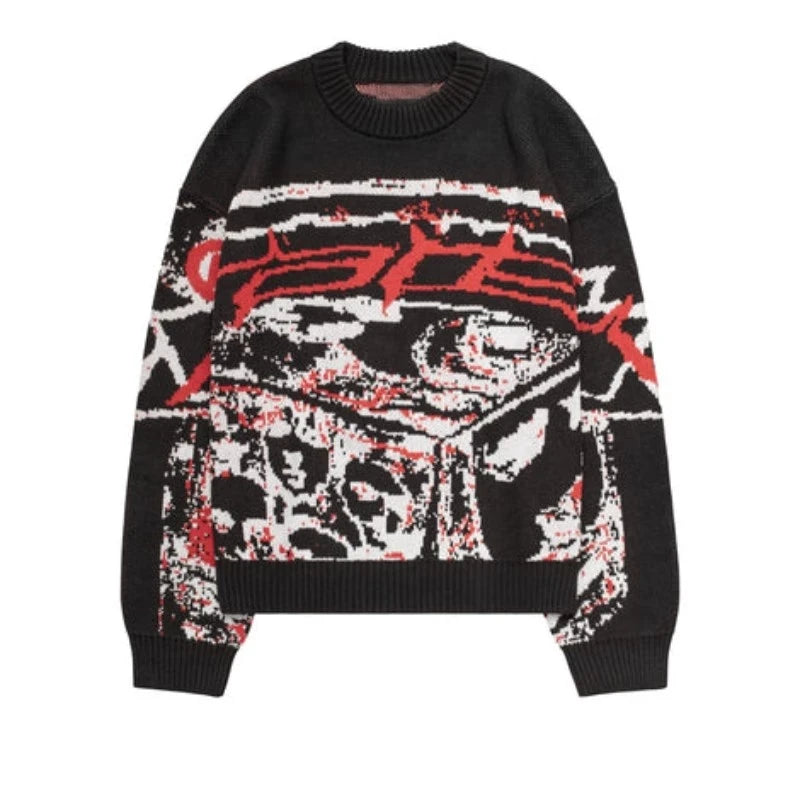 oversized flame jumper with bold print, ideal for photo-ready Y2K streetwear layering, street fashion menswear trend for seas