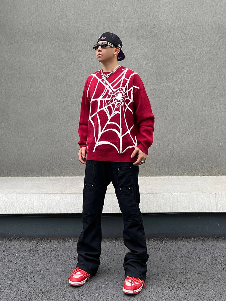 hip hop harajuku spider web pattern knitted sweater unisex pullover streetwear winter casual loose sweater warm jumper knitwear - 2025 streetwear drop, oversized streetwear hoodie, unisex casual winter pullover