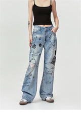 men baggy ripped jeans graffiti printed straight denim pants distressed jeans male streetwear hip hop jeans trousers y2k unique jeans style 5595