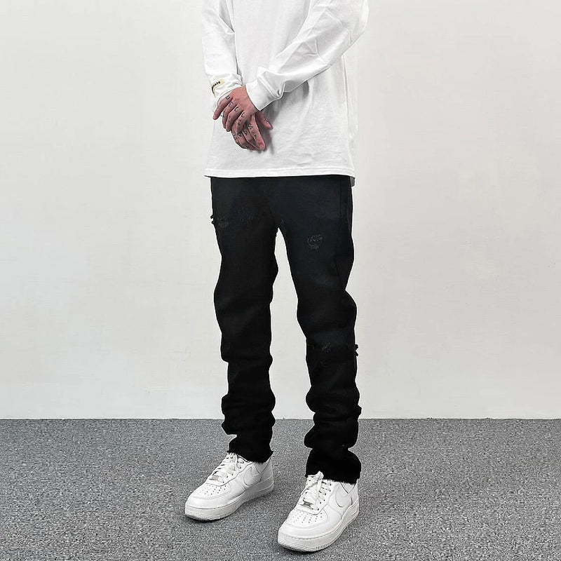 original tie dyed ripped flared denim jean for men streetwear washed hole casual stacked jeans pants mens slim fit jeans 2023 ripped baggy denim