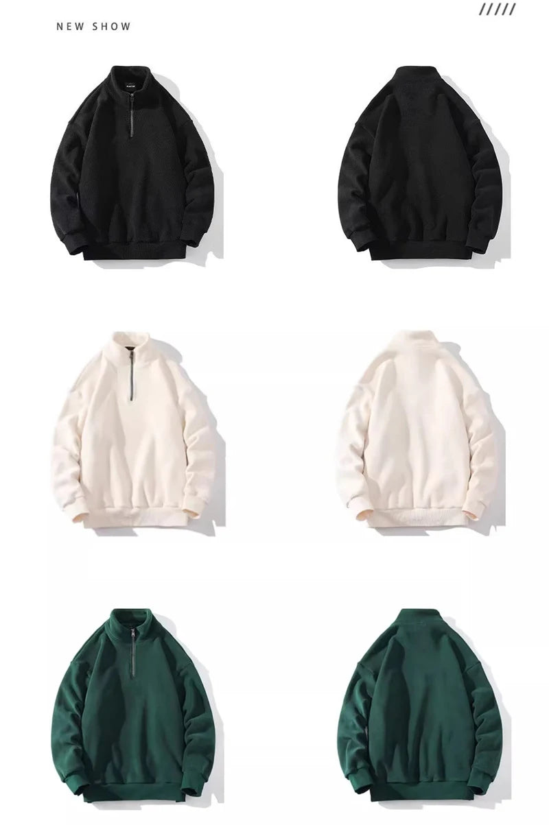 Mens Polar Fleece Half Zip Turtleneck Sweatshirts Korean Fashion Loose