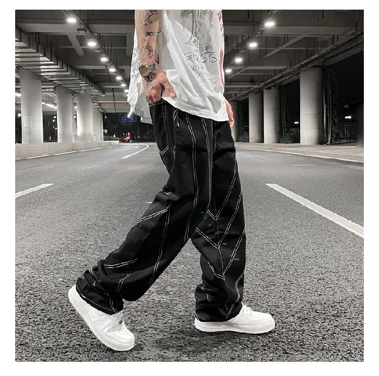 fashion design lines denim jeans mens zipper loose straight trousers hip hop new casual streetwear pants joggers baggy jeans unique joggers style 1463